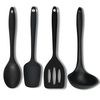 Kit 4 Utensílios Silicone Preto Espátulas Colher E Concha
