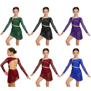 inhzoy Crianças Meninas Patinação Artística Vestido De Dança Malha Mangas Compridas Com Tiras Nas Costas Strass Brilhant