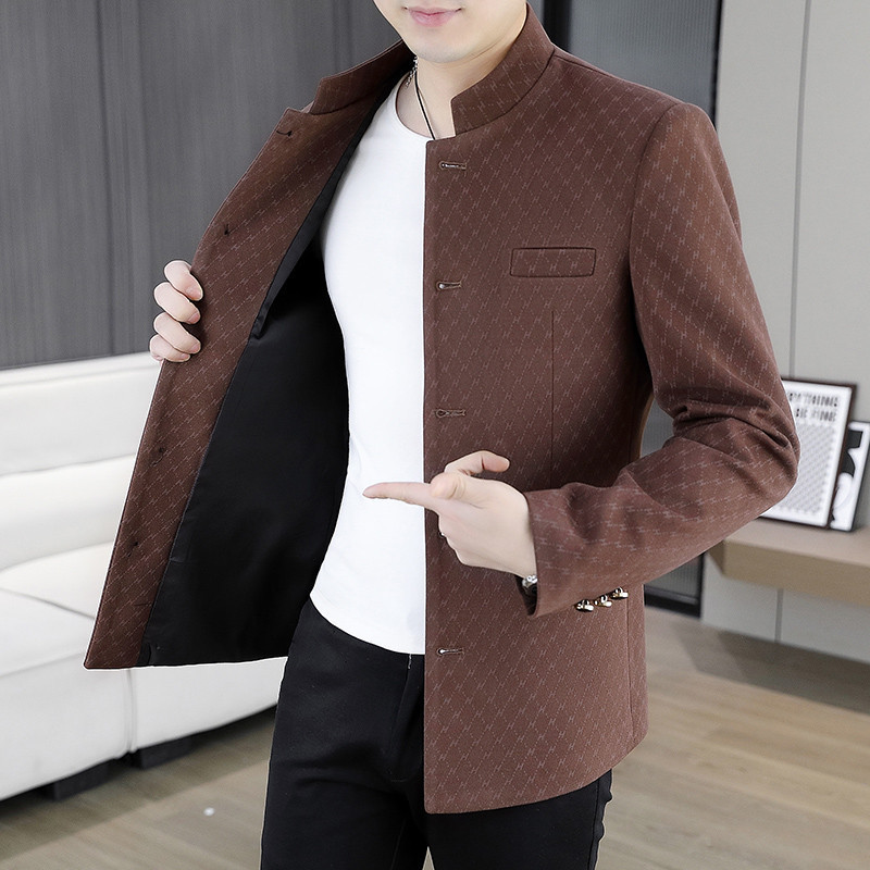 Primavera novo estilo masculino gola alta jaqueta moda magro-ajuste pequeno terno