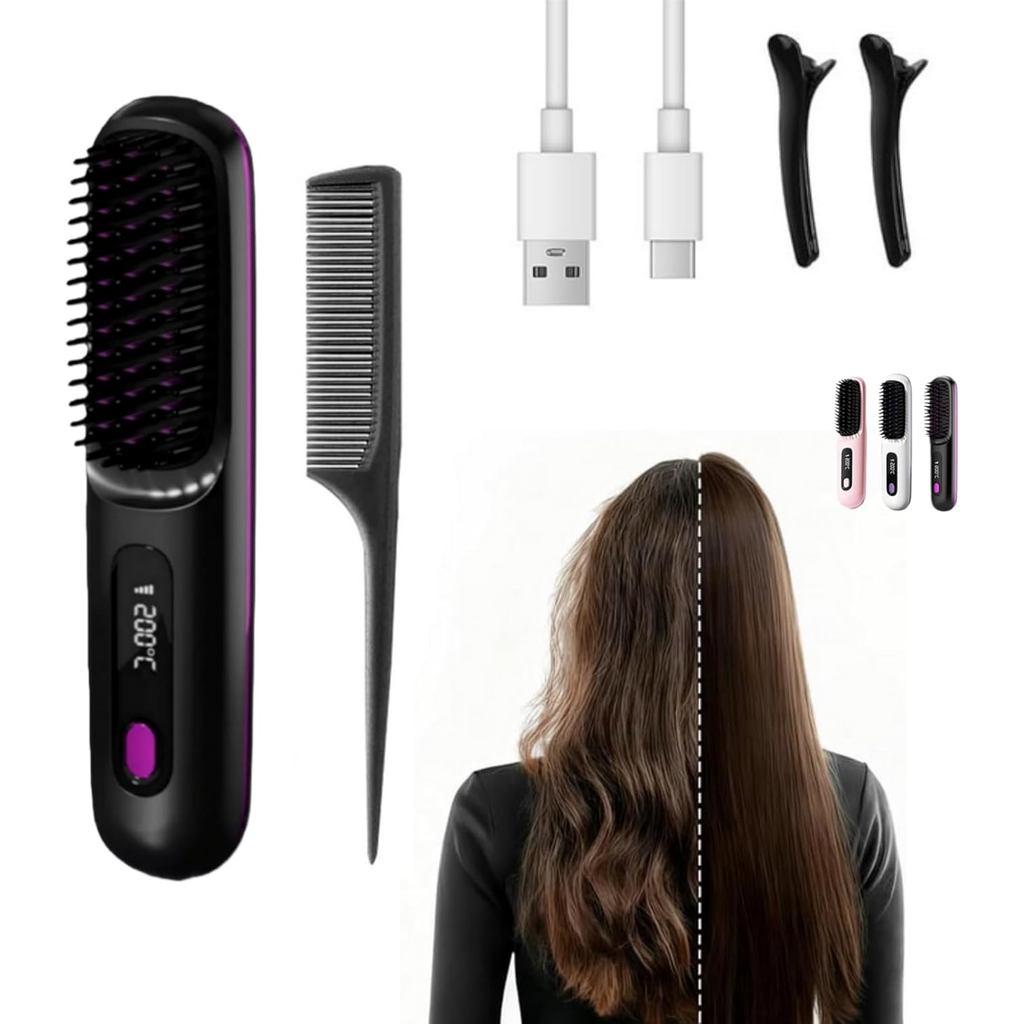 Clinora A Primeira Escova Inteligente para Cabelos Curtos, Escova Alisadora Sem Fio com Display LED, 3 Níveis de Tempera