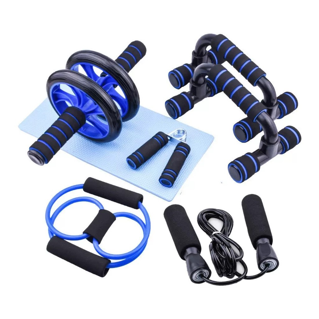 Kit Fitness 6 em 1 Roda Abdominal Flexão Corda Elástico Hand Grip Tapete Treino em Casa