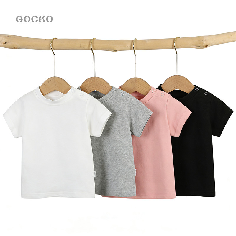 Algodão puro bebê manga curta camiseta bebê em torno do pescoço botão de ombro meninos meninas crianças bebê algodão cor