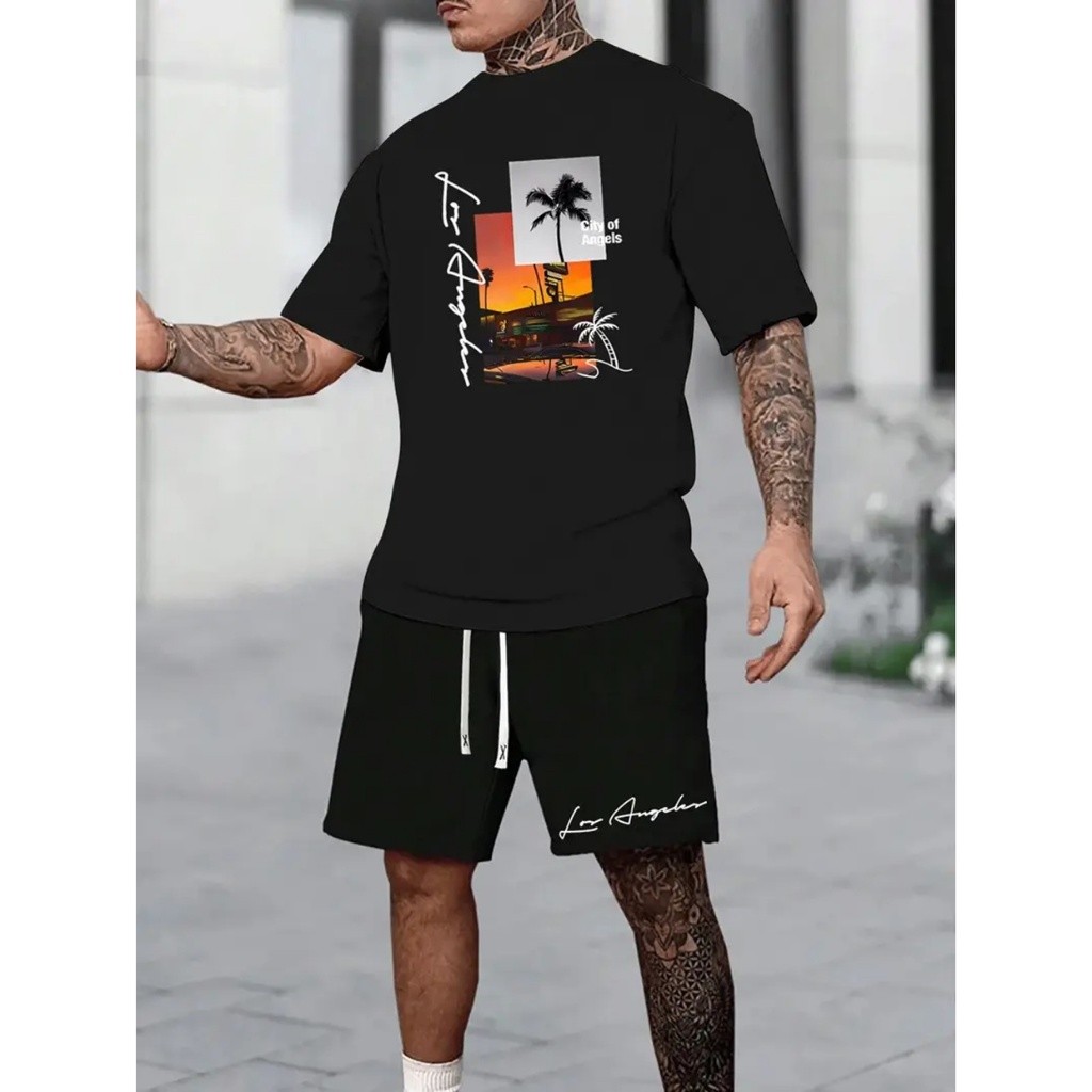 Conjunto Masculino Camiseta Short Tactel Estampado Camisa Bermuda Confortavel e Estilosa Dia Dia Academia Envio Imediato