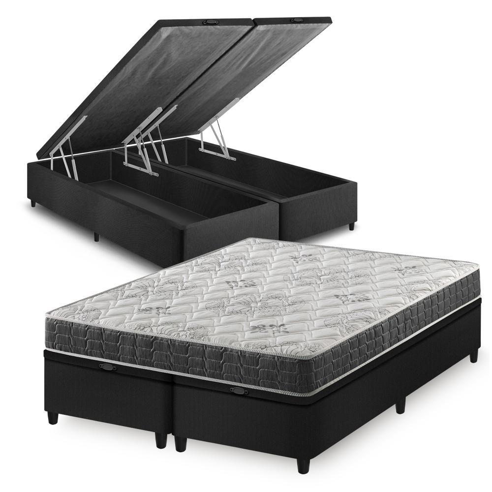 Cama Box Baú Queen Bipartido Preto + Colchão Espuma D33 Ortopédico Zidi San Francisco 158x198x59cm