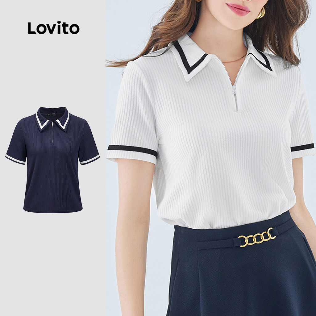 Lovito Camiseta Elegante Com Gola Lisa E Contrastante, Camisetas De Manga Curta Para Mulheres L49ED029 (Multicolorido)