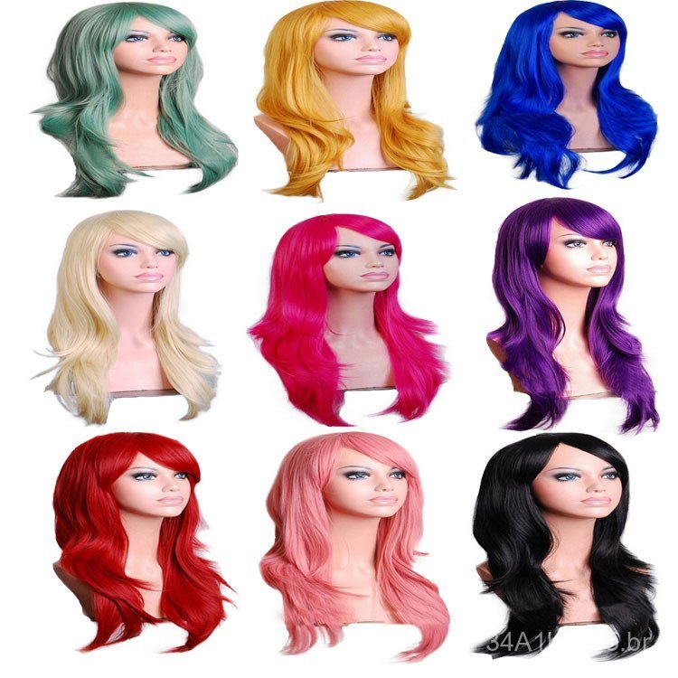 Peruca de cosplay de anime, peruca de comércio exterior europeu e americano, 70cm de comprimento, cacheada, colorida, pe