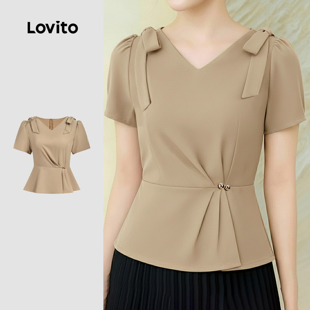 Lovito Blusa Elegante Laço Botão Plissada Primavera/verão Blusa Cáqui para Mulheres. L178LD094