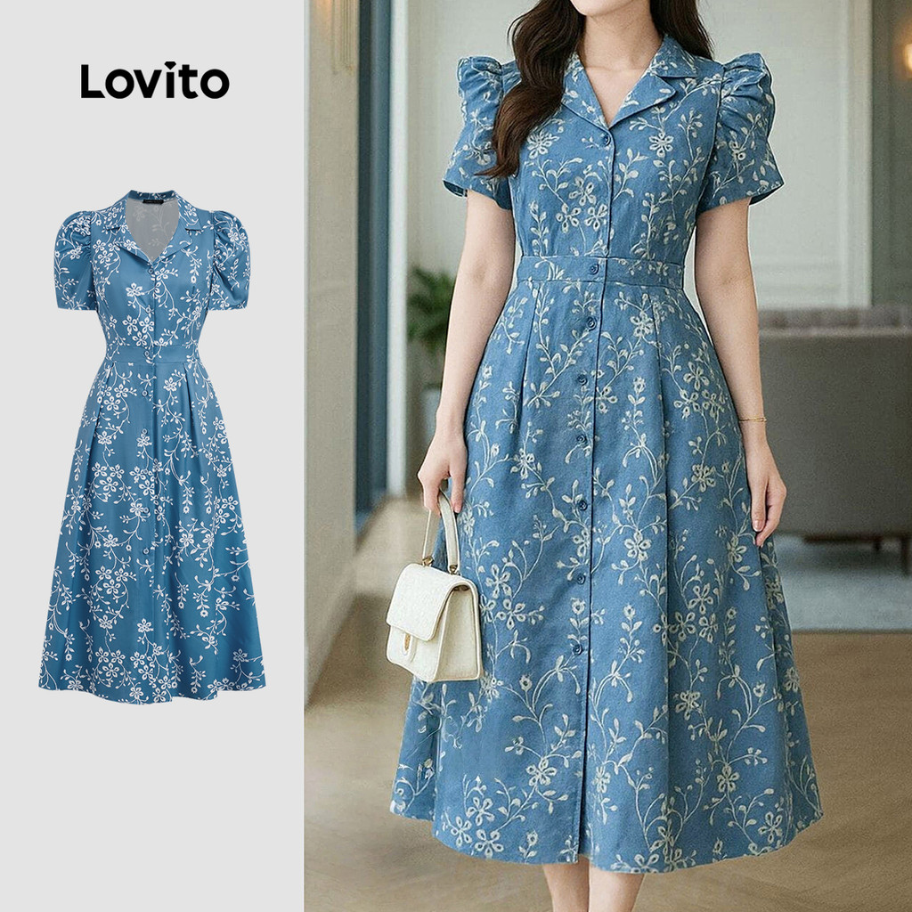 Lovito Vestido Casual plissado primavera/verão vestido azul para mulheres LK3ED144 em Oferta na Shopee