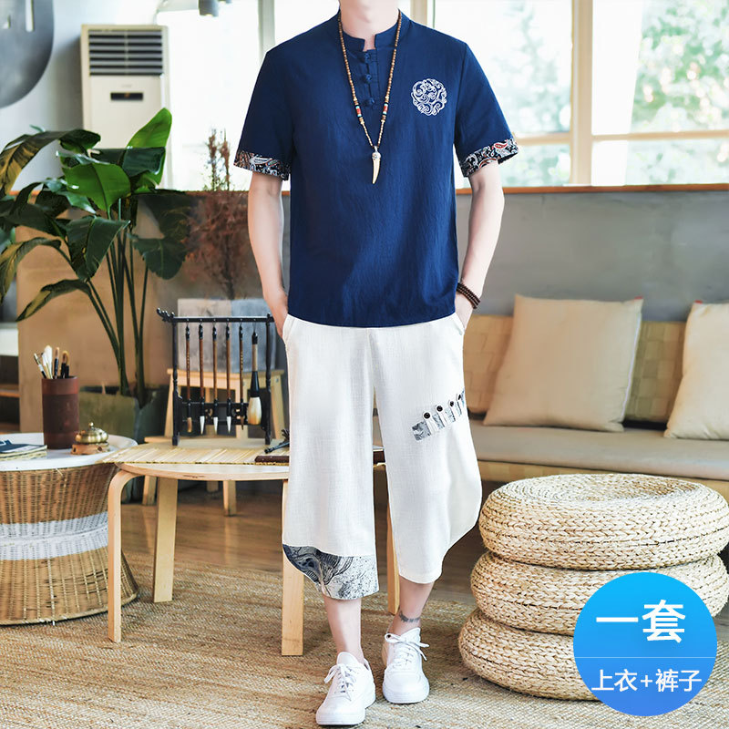 Camisa de linho estilo chinês masculina bordada de manga curta camiseta Tang terno algodão linho estilo Retro terno Casu