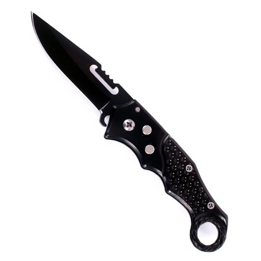 Canivete Automático com Trava Aço Inox Preto Saque Rápido para Camping