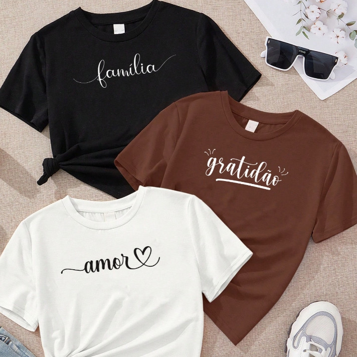 Camisa Estilosa Camiseta feminina de algodão kit com 3 blusas femininas estampadas família gratidão amor