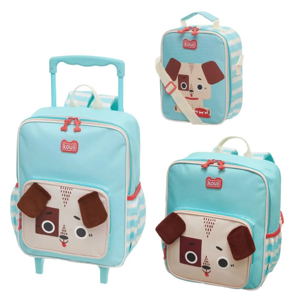 KIT MOCHILA DE RODINHAS E MOCHILA COSTAS + LANCHEIRA CACHORRO - KOUII