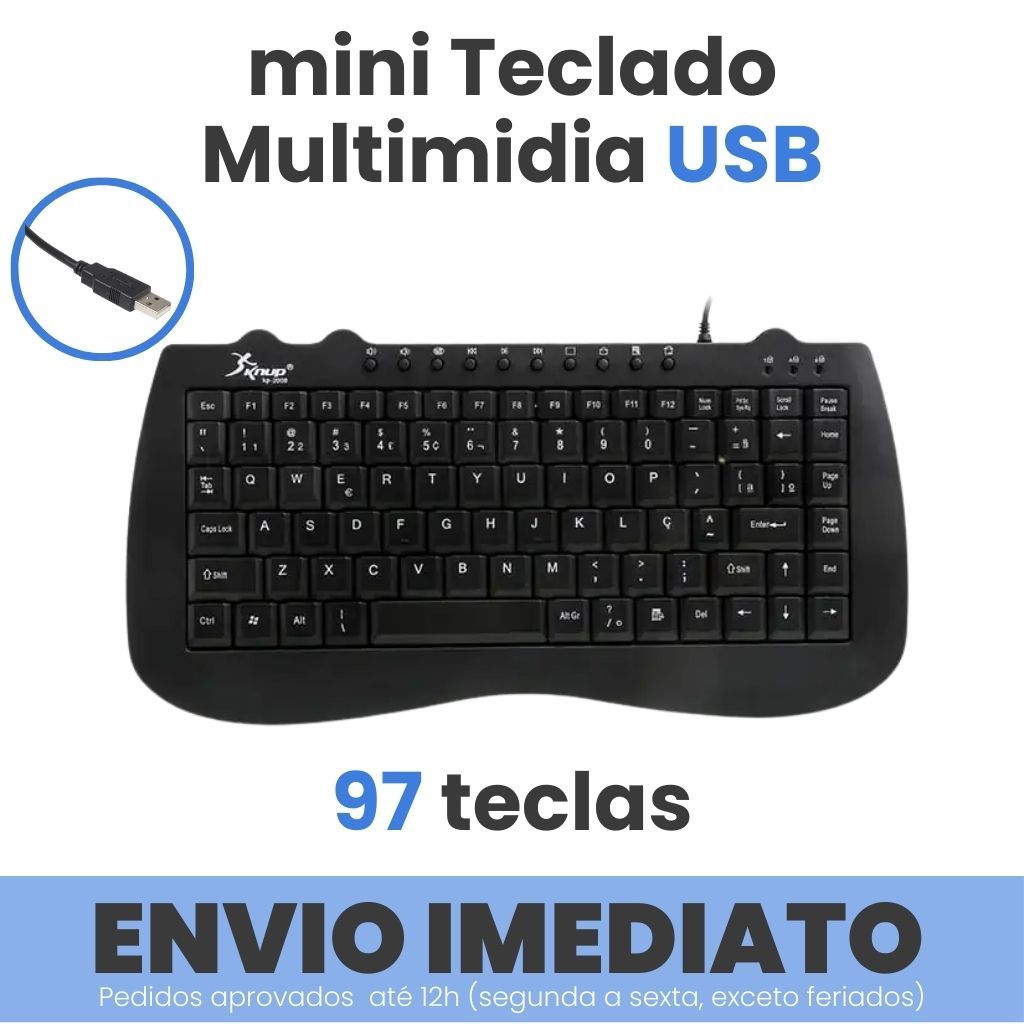 Teclado USB Compacto 97 Teclas Multimídia ABNT2 Preto Knup KP-2008