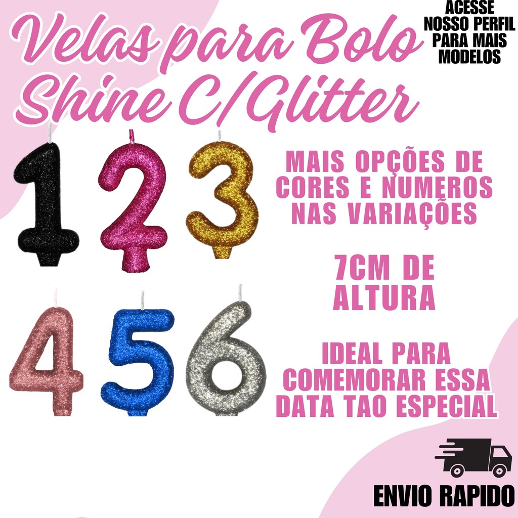 Vela de Aniversário Para Bolo Shine C/Glitter