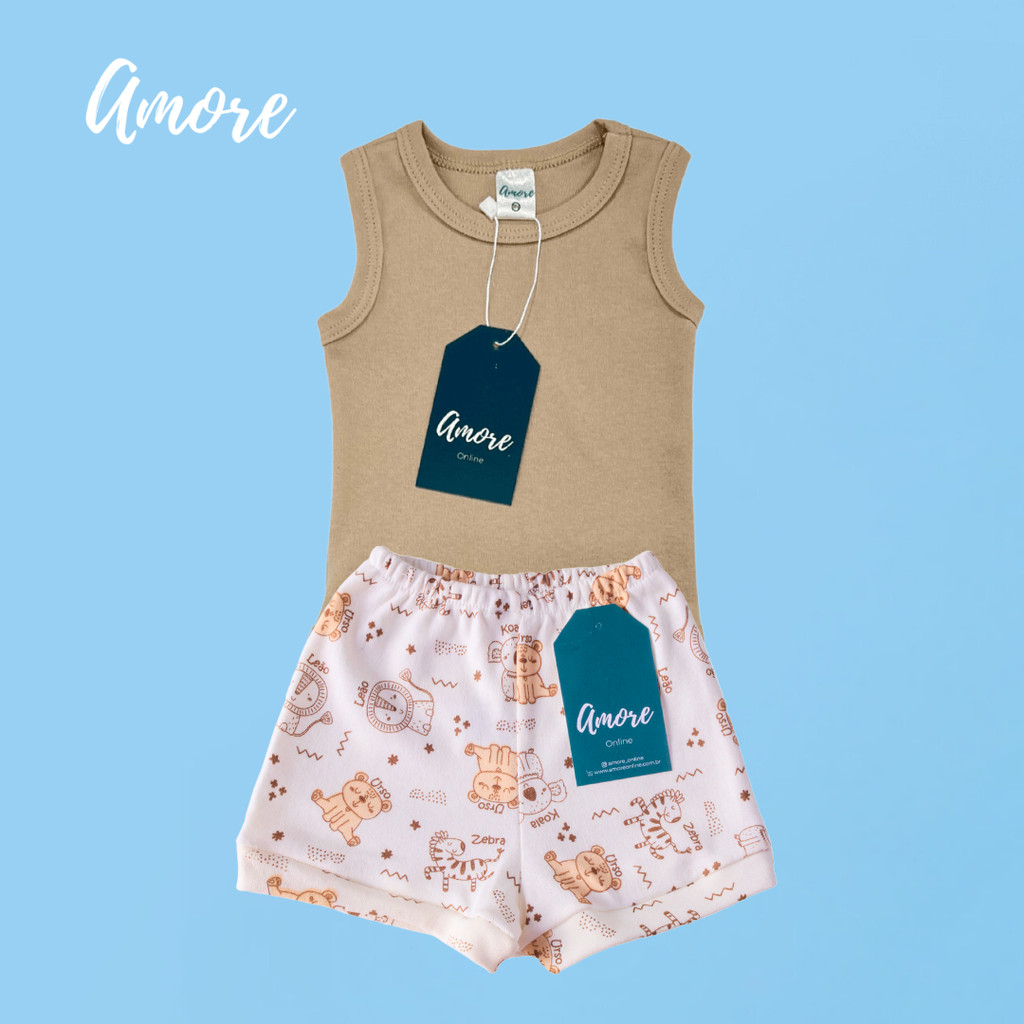 Conjunto Body Regata Amore Marrom e Short Coleguinha 100% Algodão