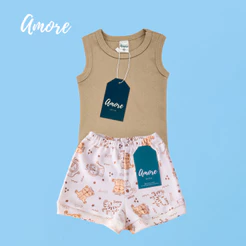 Conjunto Body Regata Amore Marrom e Short Coleguinha 100% Algodão