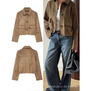 Casaco Vintage Feminino HH em Suede Sólido com Lapela, Fechamento Simples, Manga Longa, com Bolsos, Jaqueta Curta Casual