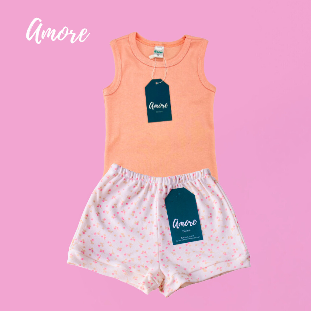 Conjunto Body Regata Amore Salmão e Short Flor 100% Algodão