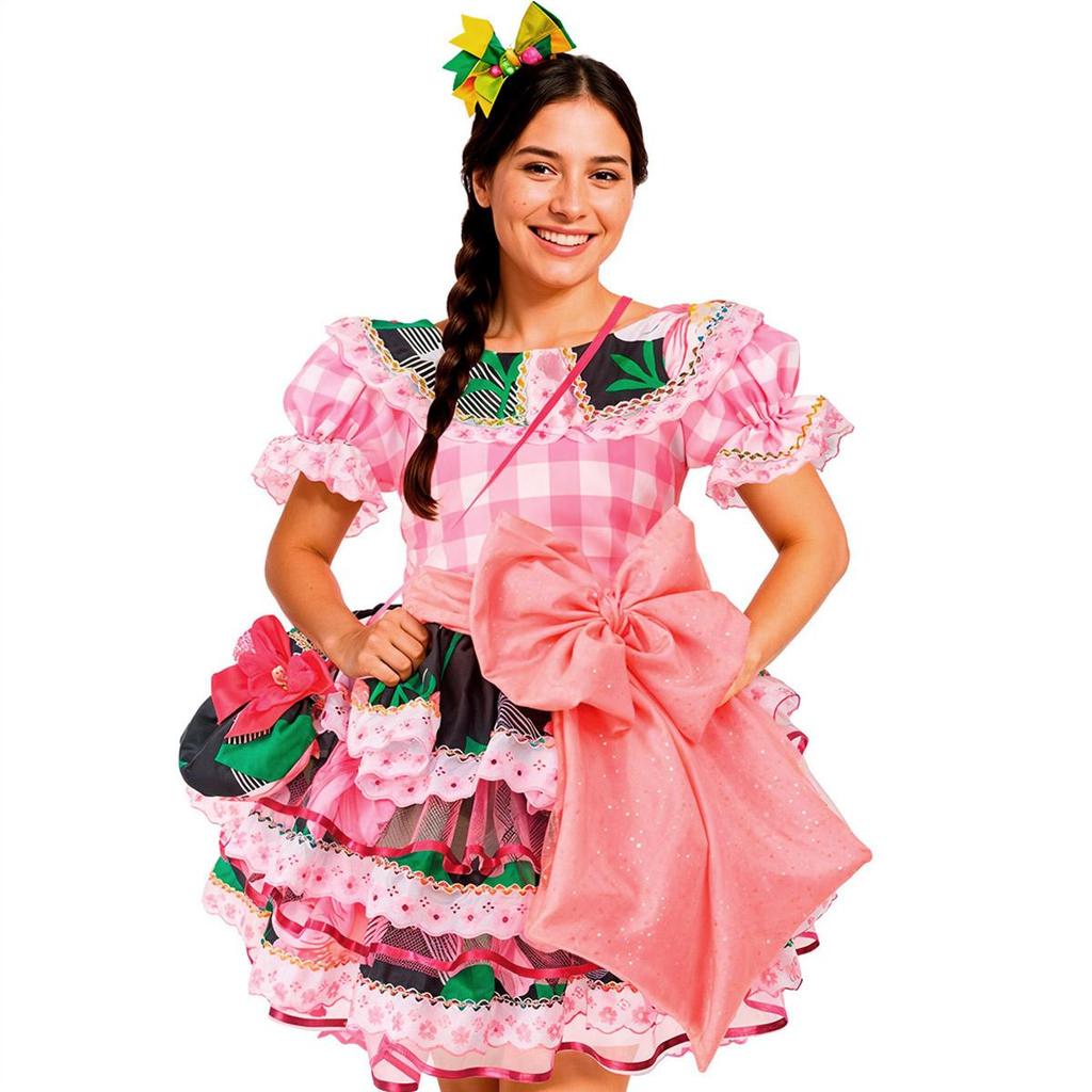Vestido Festa Junina Adulto Feminino de Luxo Super Rodado Com Bolsa Preto e Rosa