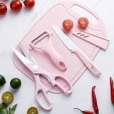 Kit 4 Utensílios Inox Tábua Faca Descascador Tesoura Cortador Preparo Alimentos Cozinha Conjunto