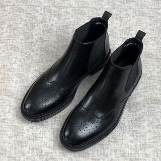 T Trendy Chelsea Botas Masculinas De Couro Genuíno Botas De Couro De Negócios Dedo Redondo Esculpido Botas Masculinas De