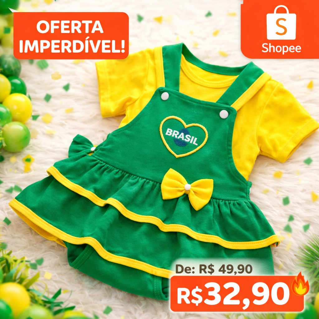 Conjunto Bebê Brasil Menina Vestido Jardineira Body Amarelo Roupa Infantil Copa Brasil