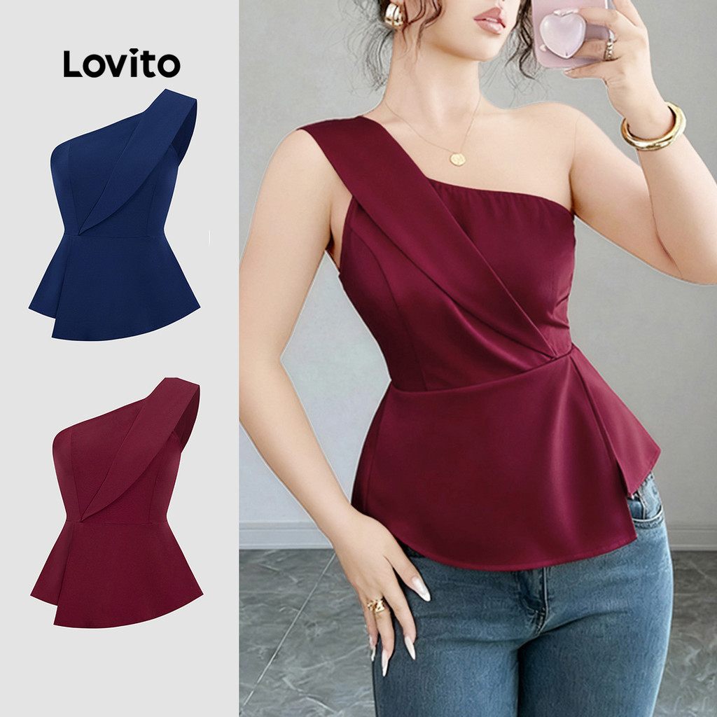 Lovito Elegante Blusa De Festa Com Fenda Assimétrica E Franzida Na Cor Bordô Ideal Para Primavera/verão L155AD298