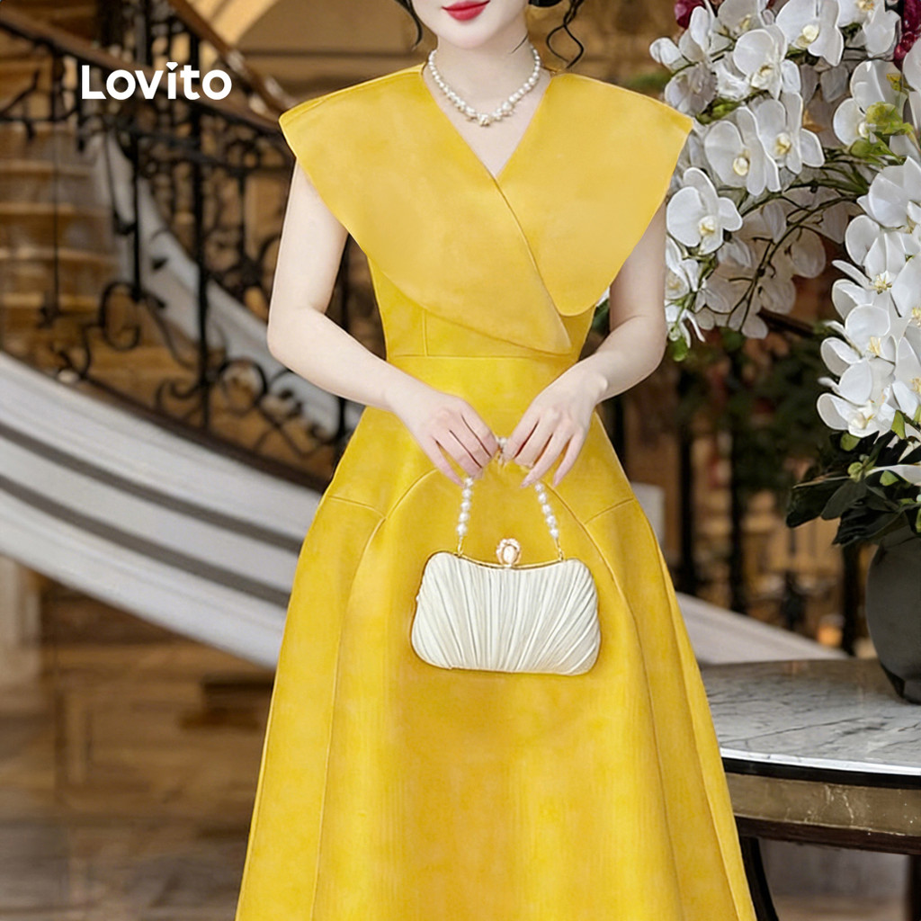 Lovito Vestido Elegante Plissado Estrutura Linha Deslocamento Primavera/verão Amarelo Vestido para Mulheres L178ED2157