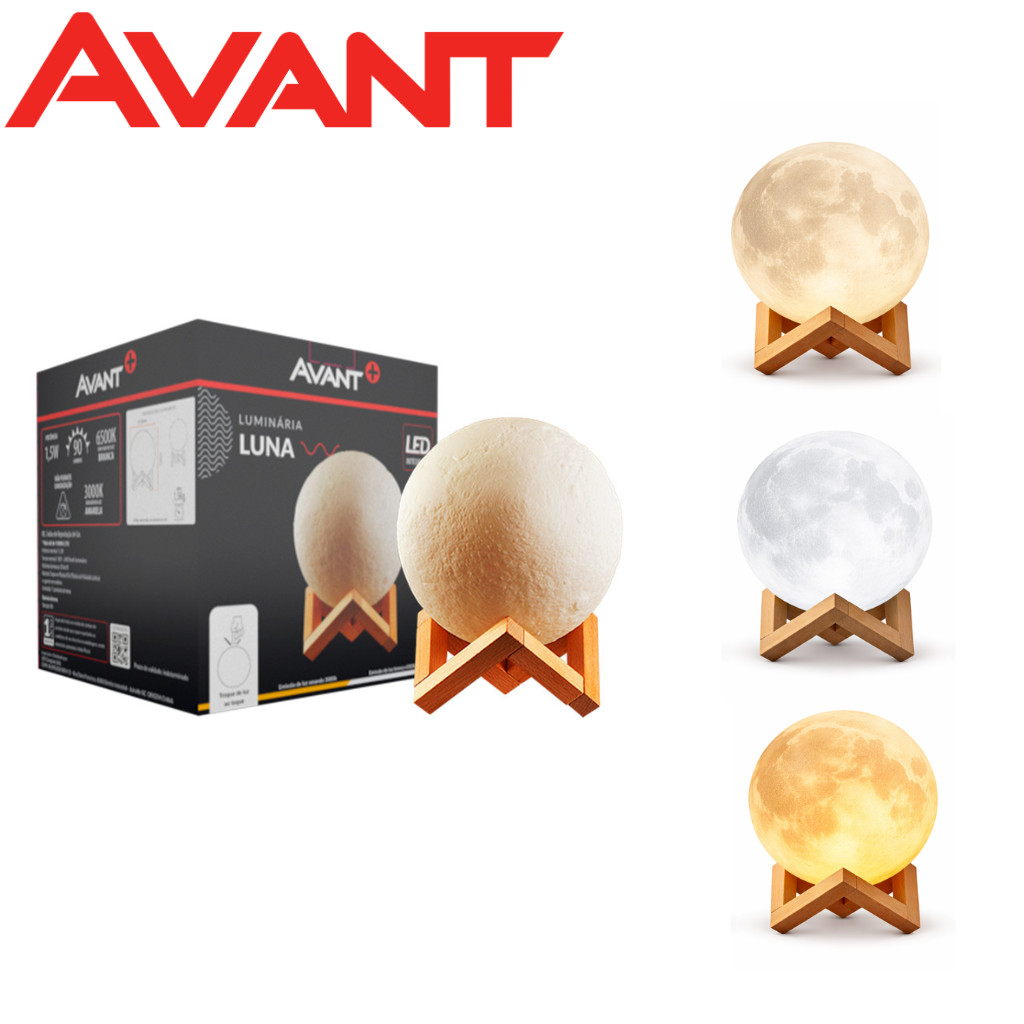 Luminária LED Mesa Luna Avant 3 cores Lua Abajour Luz Quente Fria e Neutra