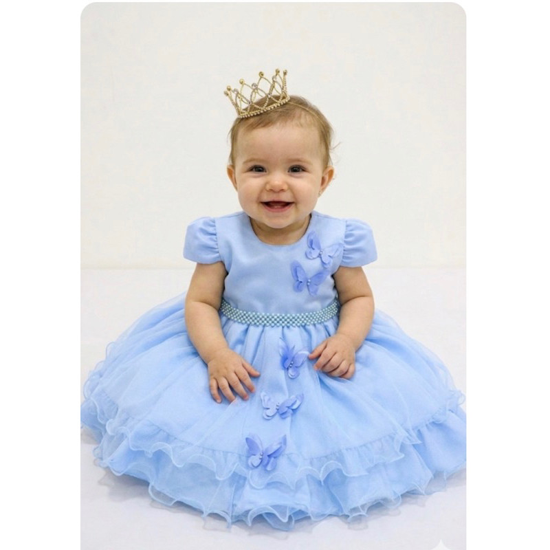 Vestido de Festa Infantil Azul com Borboletas Luxo - Roupa de Princesa Menina Saia de Tule com Pérolas na Cintura
