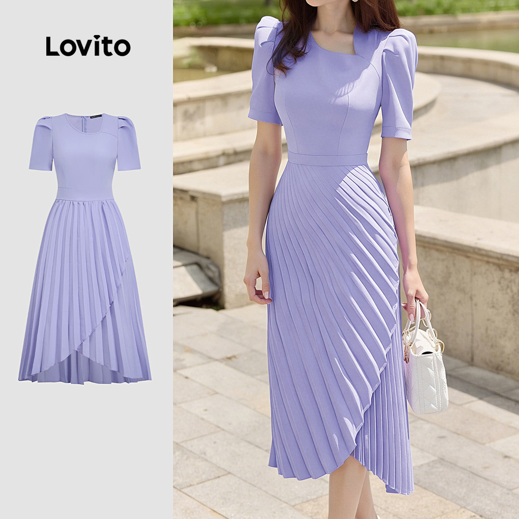 Lovito Elegante Vestido plissado assimétrico primavera/verão vestido roxo para mulheres LK3ED680