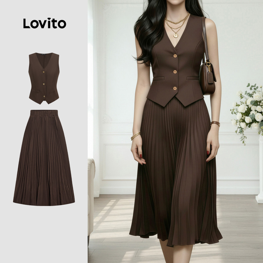 Lovito Tops ou calças elegantes plissadas primavera/verão saia marrom tops ou calças para mulheres LK3ED1503