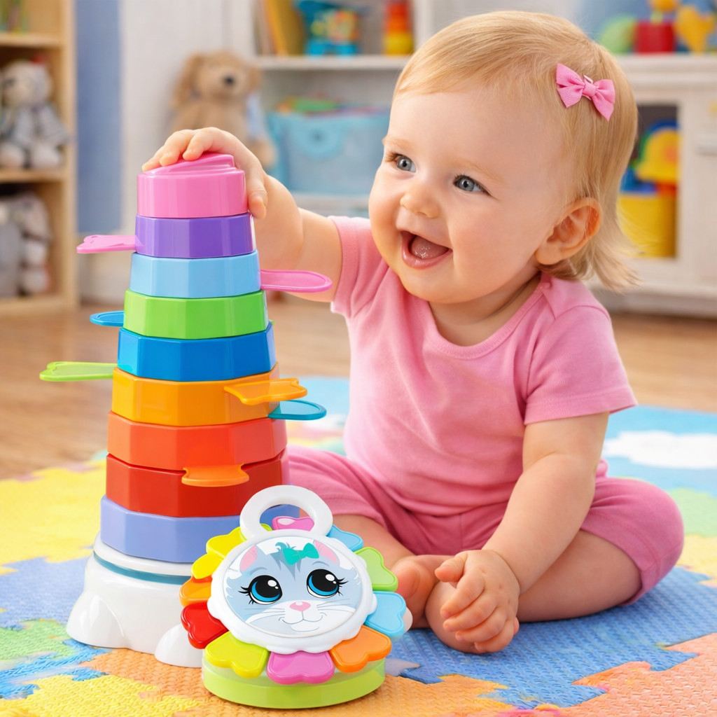 Brinquedo Educativo Empilhável para Bebê +6 Meses Torre Colorida Sensorial com Gatilhos