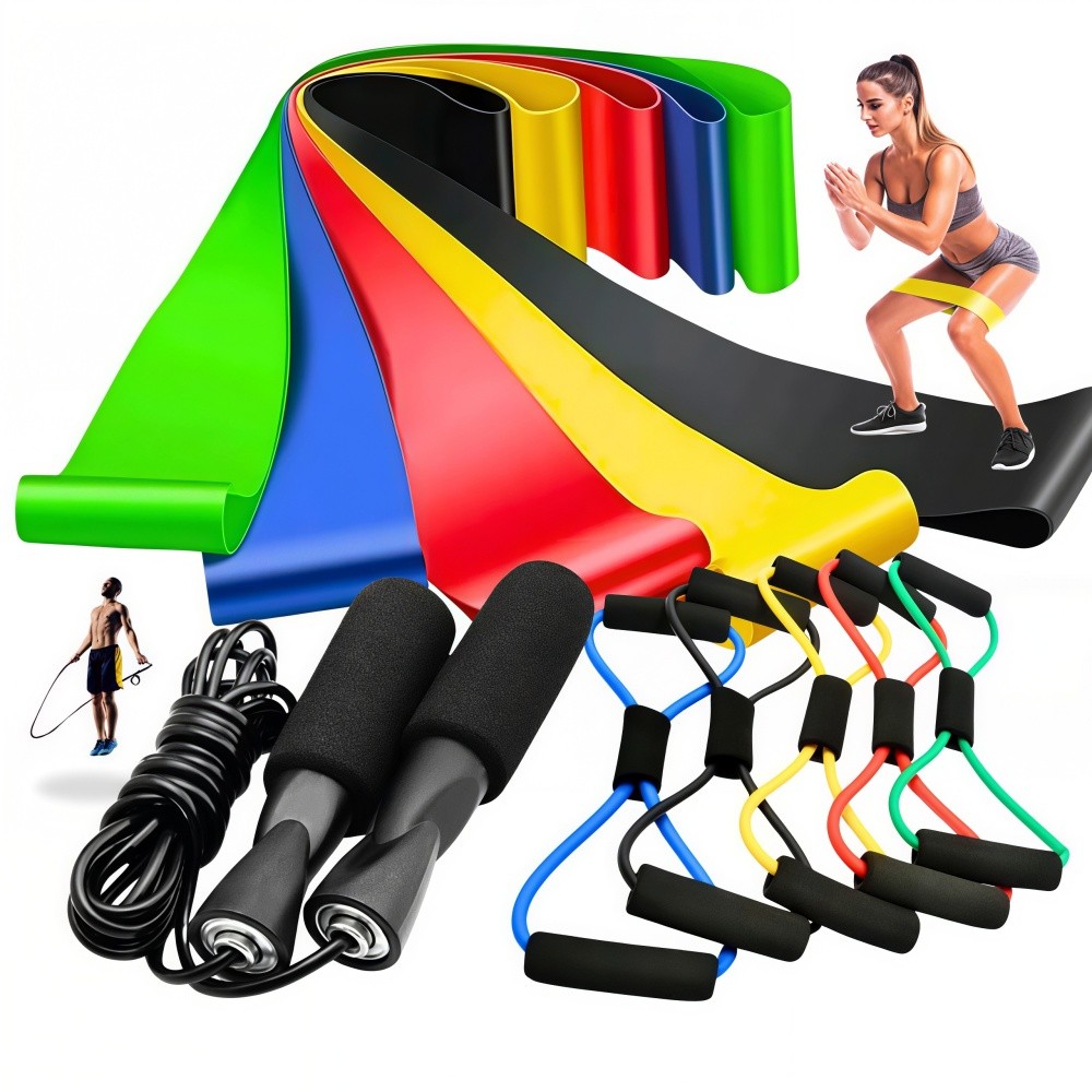 Kit Fitness Residencial com Elástico Cross Tube, 5 Faixas e Corda de Pular