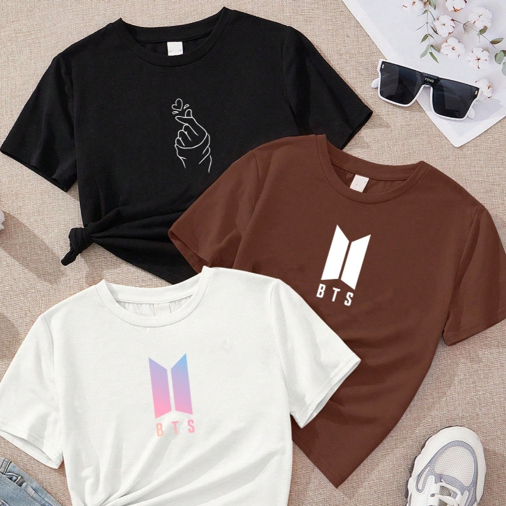 Kit com 3 blusa feminina BTS kpop marrom Off white 100% algodão
