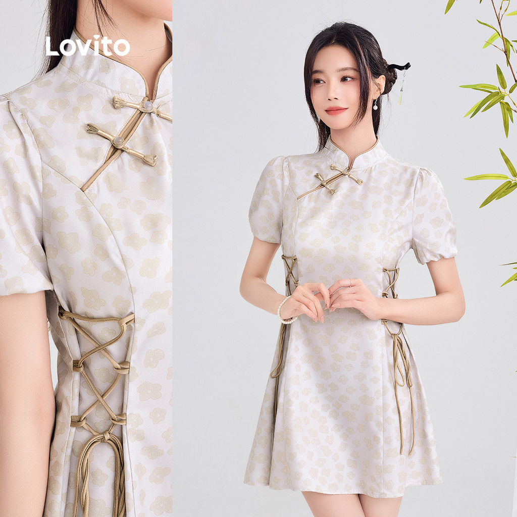 Lovito Vestido Elegante Novo Estilo Chinês Cheongsam Qipao Primavera/verão Cinza Verde Vestido L166AD029 em Oferta na Shopee
