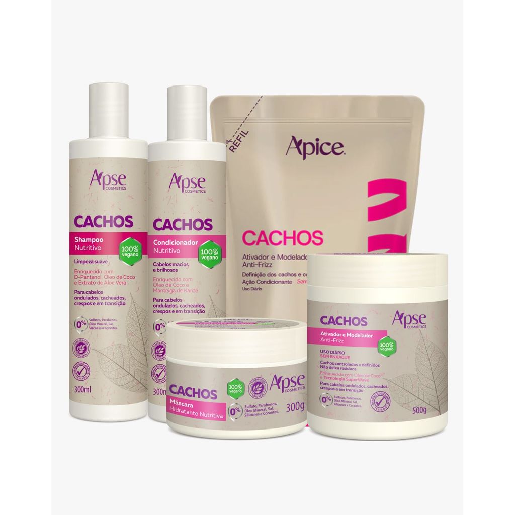Kit Shampoo, Condicionador, máscara, Ativador e Refil Ativador Cachos Apice