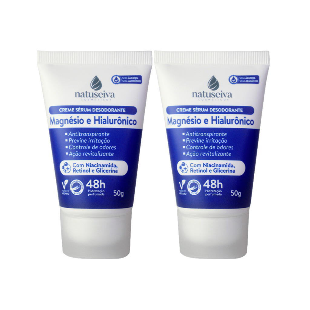 Kit 2x Creme Sérum Desodorante Natuseiva Magnésio e Hialurônico 50g | Protege 48h e Hidrata