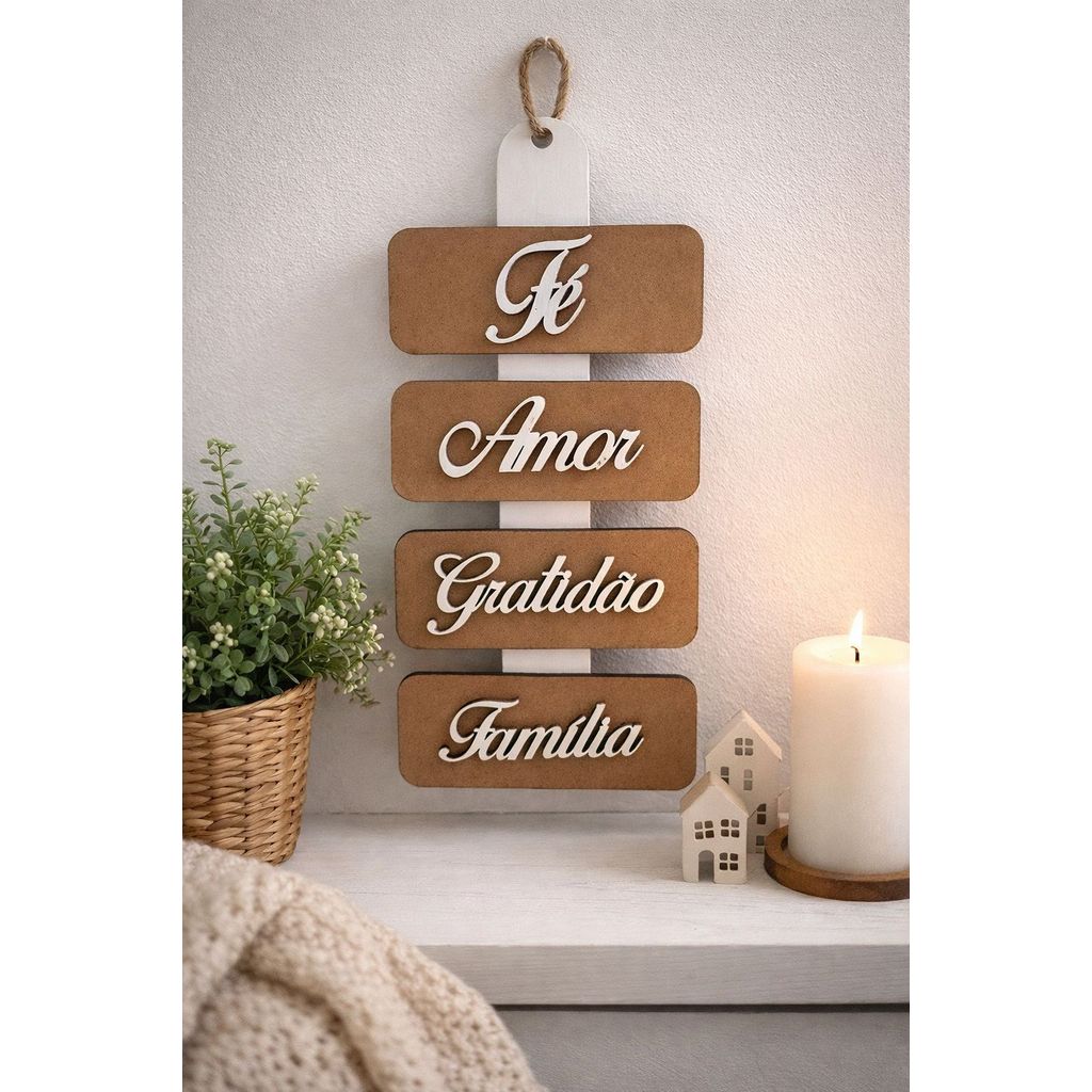 Placa Decorativa Fé Amor Gratidão Família – Enfeite de Parede em MDF