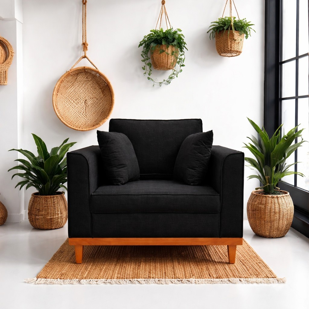 Poltrona  para Sala Confortável Beny Reforçada Linho Veludo Preto