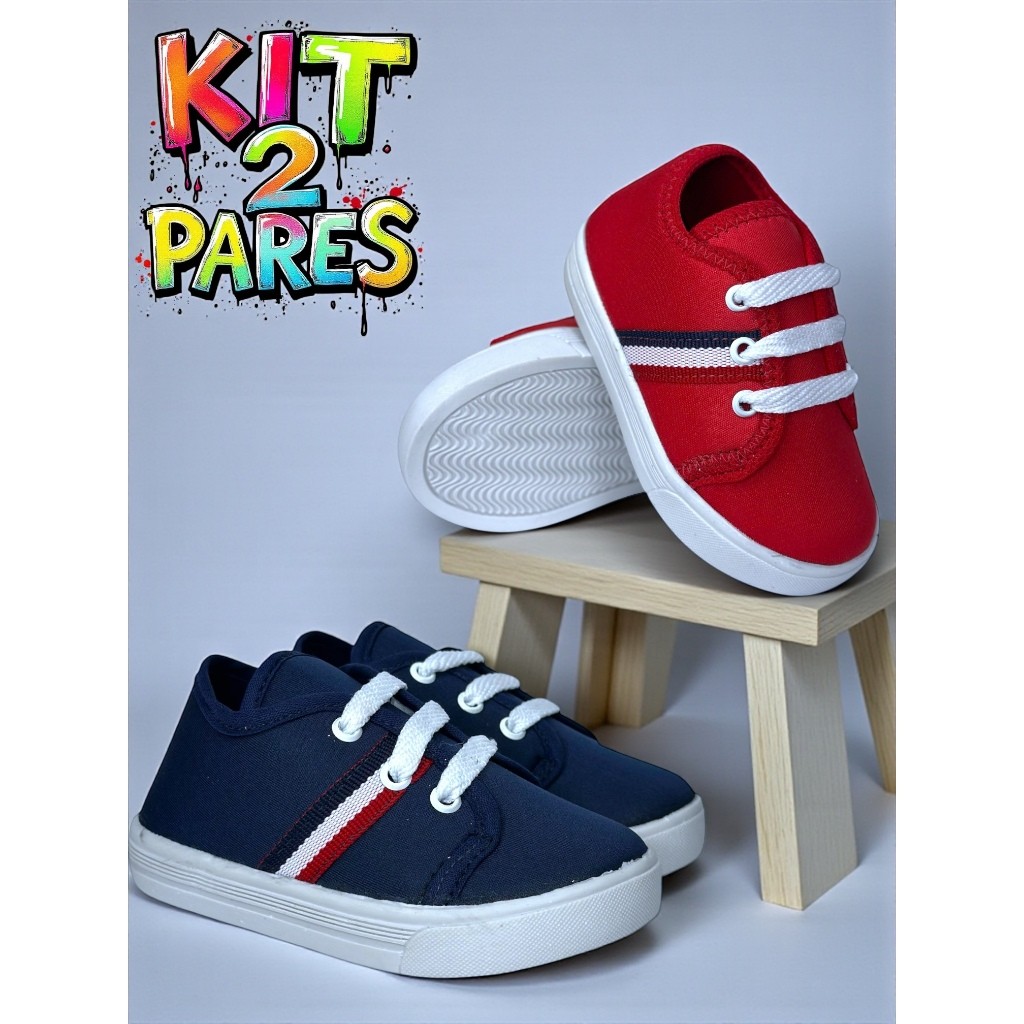 KIT 2 PARES DE SAPATENIS INFANTIL MENINO TENIS LISTRAS em Oferta na Shopee