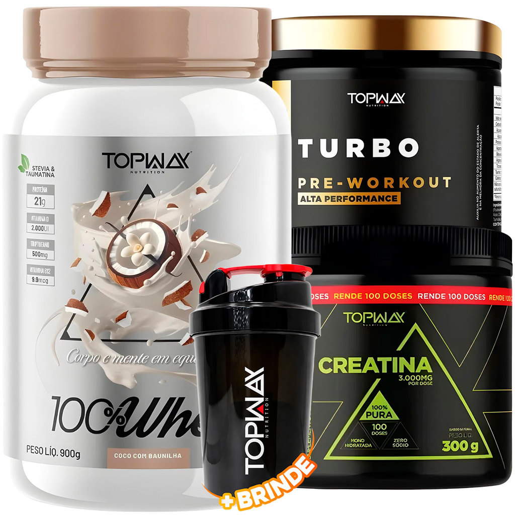 TopWay Whey Protein 900g Coco com Baunilha + Creatina em Pó 300g + Pré Treino Workout Turbo 300g