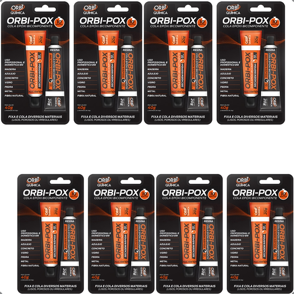 Kit 8 Cola Epóxi Bicomponente Orbi-Pox 10 Minutos 40g Orbi Química Adesivo Metal Vidro Madeira