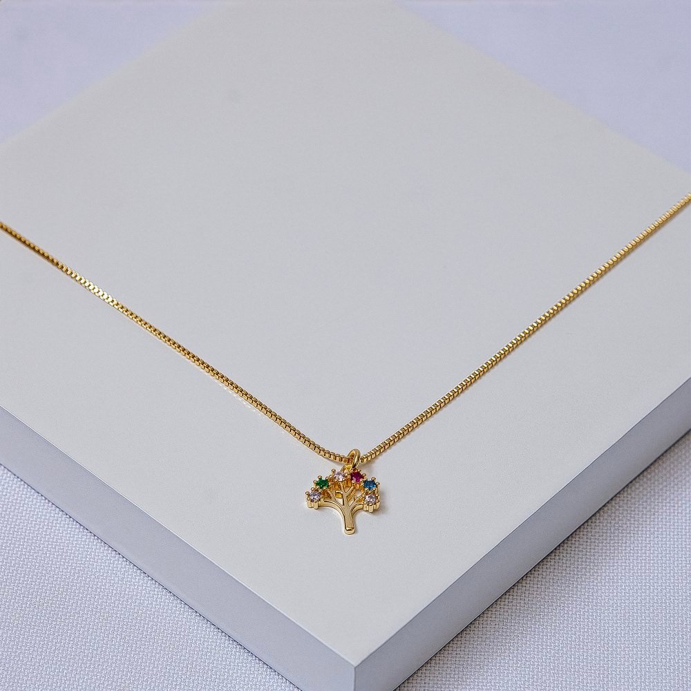 Colar Veneziana Folheado a Ouro com Pingente Árvore da Vida e Zircônias Coloridas