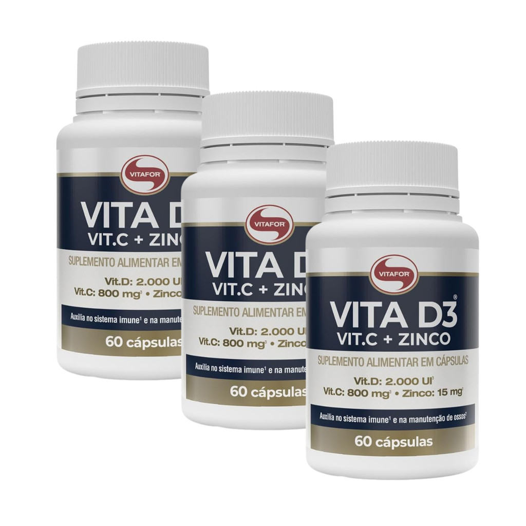 Kit 3 Vita D3 + C + Zinco Vitafor 60 Cápsulas