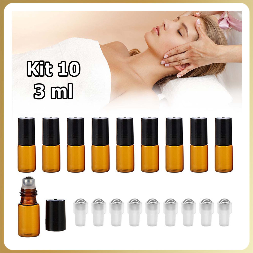 Kit 10 3ml Frasco de amostra vidro transparente frasco roll-on para óleo essencial tampa plástico preta frasco perfume