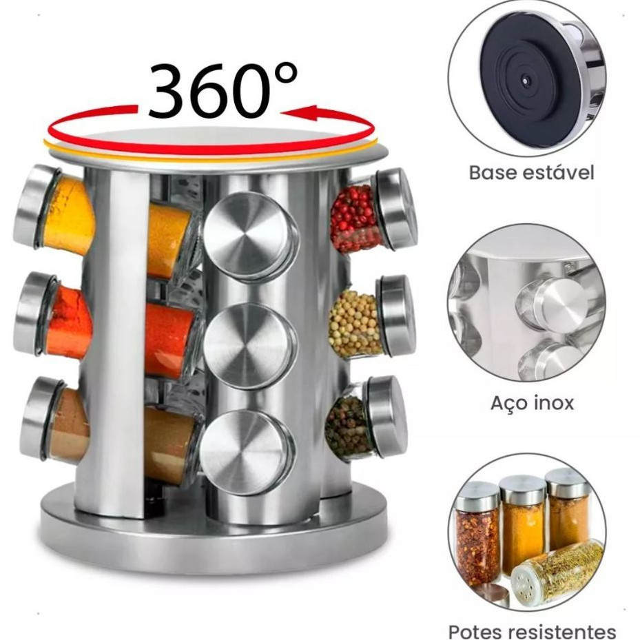 Porta Condimentos Tempero Giratório Inox Pote De Vidro Suporte Promoção !