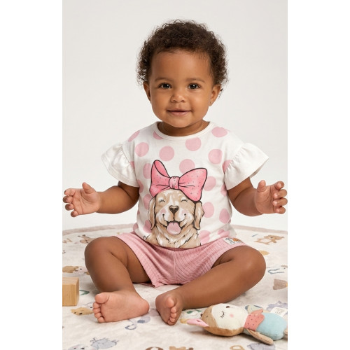 CONJUNTO MENINA QUIMBY BLUSA COTTON E BERMUDA EM RIBANA CANELADA