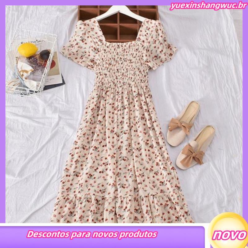 [Fashion] women's dress 2022 summer Korean style new retro square collar floral waist slimming flounced stitching dress