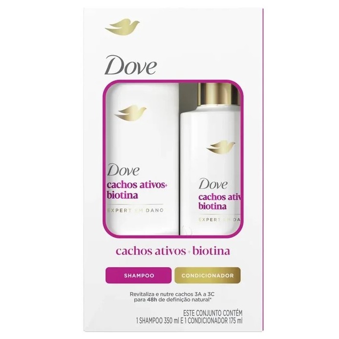 Kit Dove Cachos Ativos + Biotina Expert Em Danos Shampoo 350ml + Condicionador 175ml